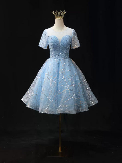 Light Blue Short Tulle Wedding Dress - Pretty Sequin Dress - Embellished Dress with Sleeves Plus Size